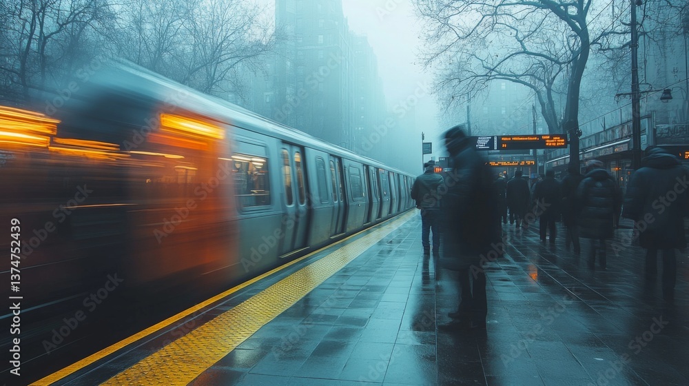 Poster commuters gather at a subway platform while a metro train rushes past in foggy conditions. the urban