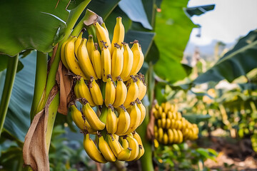 Naklejka premium Banana tree with a bunch of growing mature yellow bananas