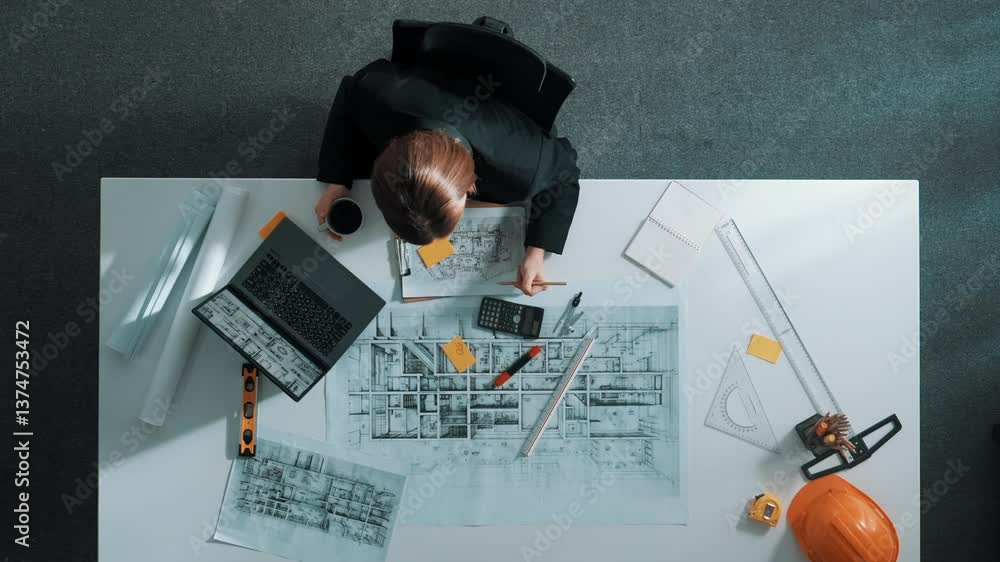Poster top view of architect engineer drink coffee and draw blueprint at meeting table with equipment and s