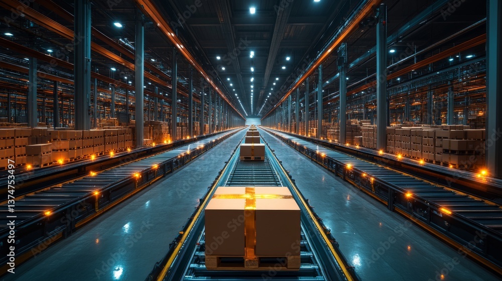 Poster Rows of neatly stacked boxes in a modern warehouse showcase a sophisticated logistics system with automated sorting and streamlined storage facilities during nighttime.