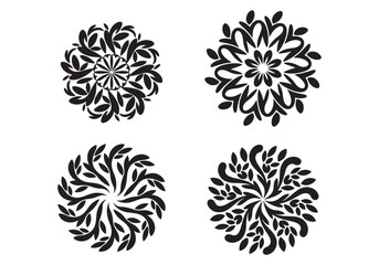 Set of Ornamental Floral Mandala Designs, Black Decorative Swirl Patterns