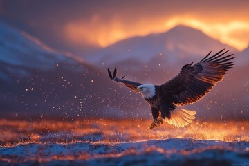 Majestic bald eagle soaring at sunset over mountains in winter landscape