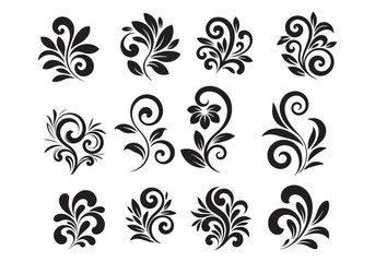 Set of Ornamental Floral Swirl Designs, Black Decorative Patterns, Vector Illustrations