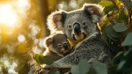 Obraz premium Mother koala cuddling baby koala in sunlight.
