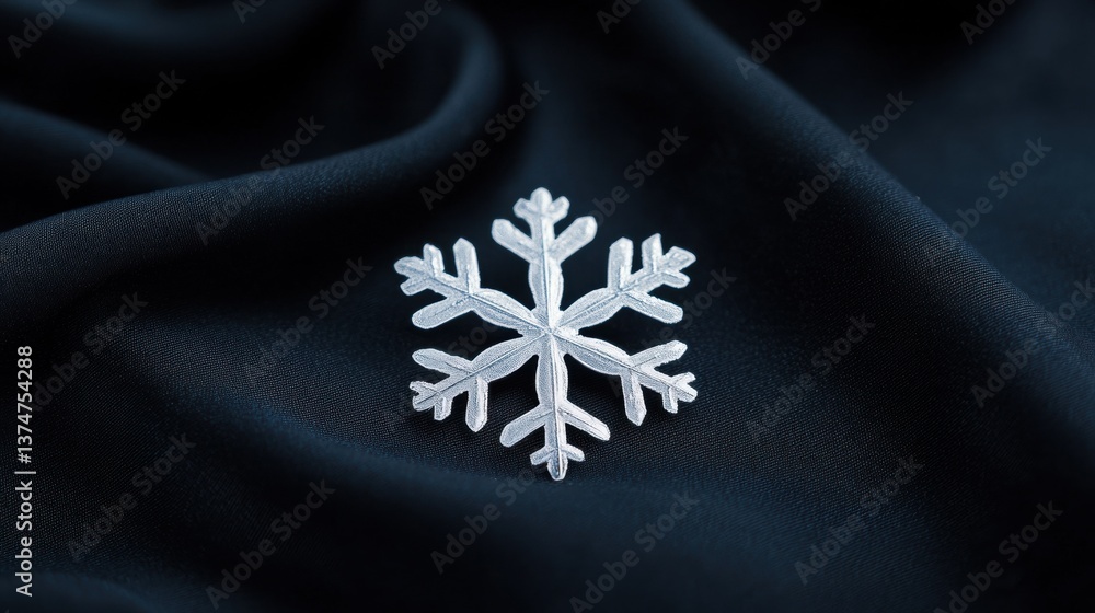 Poster close-up of a snowflake on a dark blue fabric. the snowflake is in the center of the image and is ma