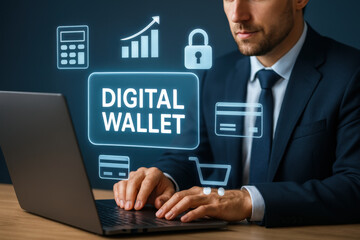 Digital wallet. Convenience of secure online transactions. integration of financial management, security features, and modern digital payment systems. finance, e-commerce, and secure digital tools.