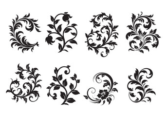Set of Ornamental Floral Swirl Designs, Black Decorative Patterns, Vector Illustrations