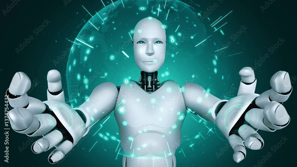 Poster ai hominoid robot holding hologram screen shows concept of global communication network using artifi