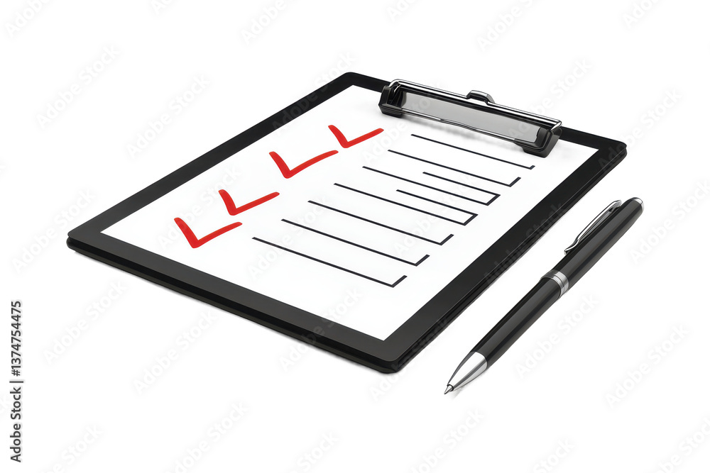 Poster a clipboard with red check marks and lines next to a black pen on a black background image view