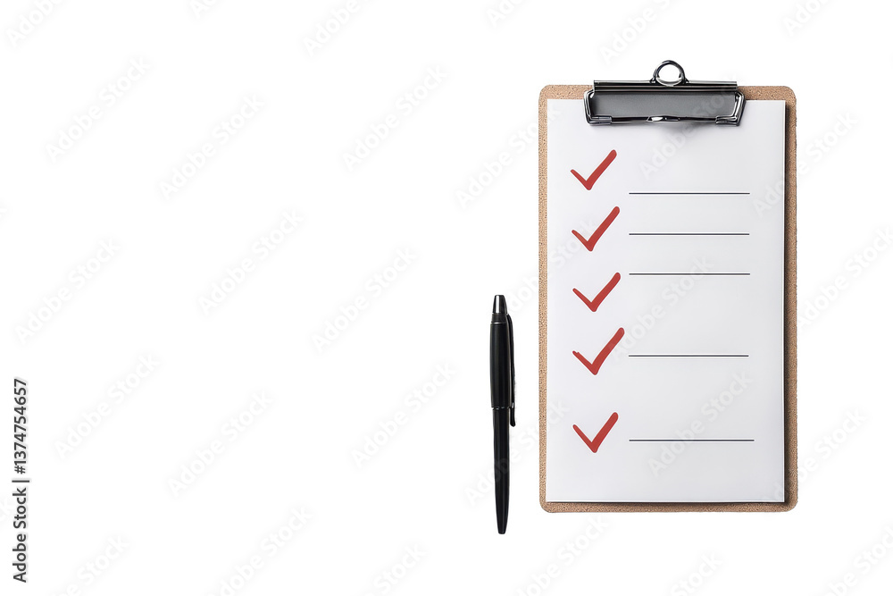 Poster clipboard with red check marks and a black pen on a dark background showing task completion