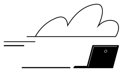Abstract cloud and laptop illustration representing cloud services, data storage, and technology connection. Ideal for IT, innovation, data transfer, remote work, digital transformation, cloud