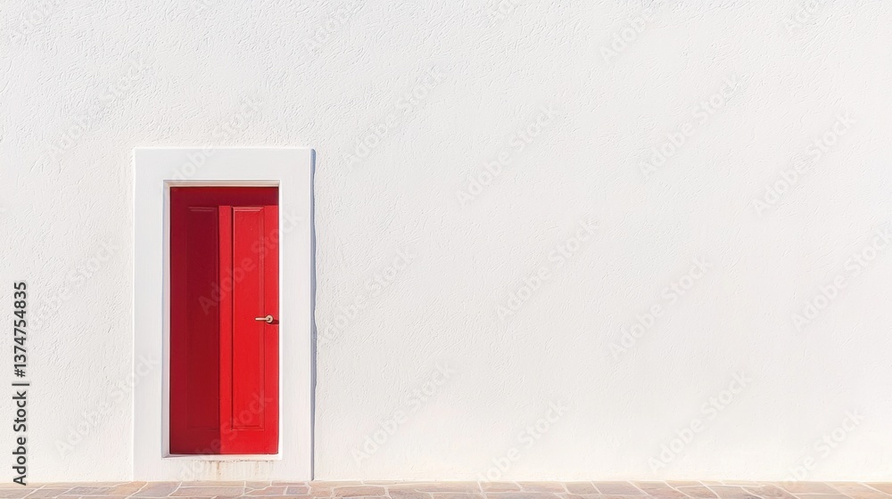 Poster red door on a white wall. the door is rectangular in shape and has a white frame around it. it is cl