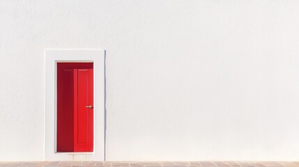 Red door on a white wall. the door is rectangular in shape and has a white frame around it. it is closed and appears to be made of wood.