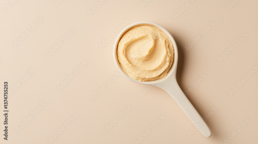 Poster flat lay of a white spoon with a creamy substance in it. the spoon is placed on a light pink backgro