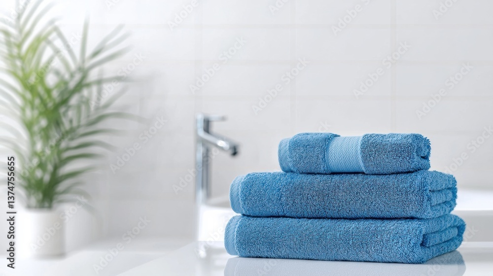 Poster stack of folded blue towels on a white countertop in a bathroom. the towels are neatly folded and st