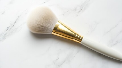 A textured white backdrop features a golden makeup brush, which creates a shadow and leaves room for text, making it ideal for promoting beauty and cosmetics