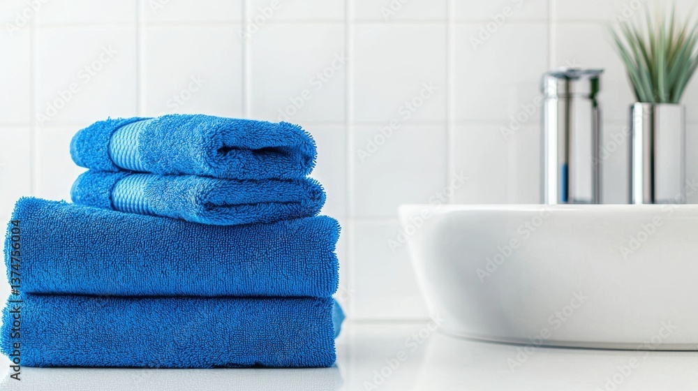 Poster stack of folded blue towels on a white countertop next to a white bathtub. the towels are neatly fol