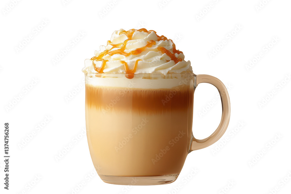 Poster a clear mug filled with layered caramel latte and whipped cream on a black background view from fron