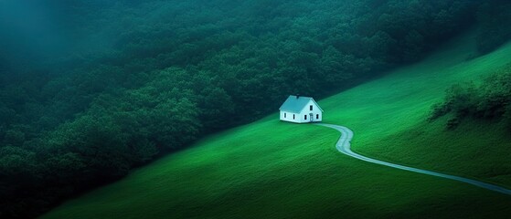 A white house sits atop a green hill, a path meandering through the lush scenery to its door