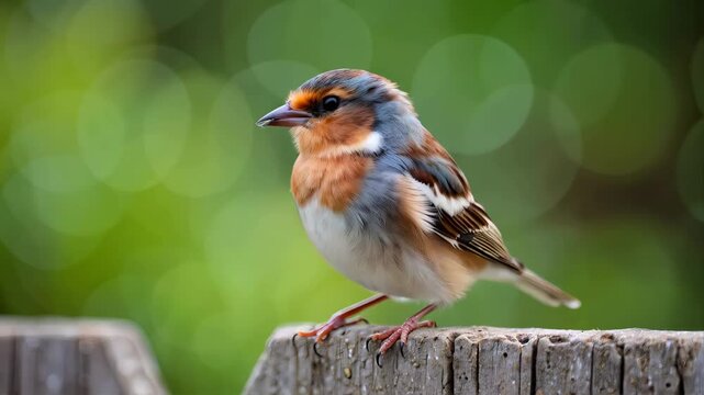 Vibrant chaffinch perched gracefully on wooden fence in lush greenery