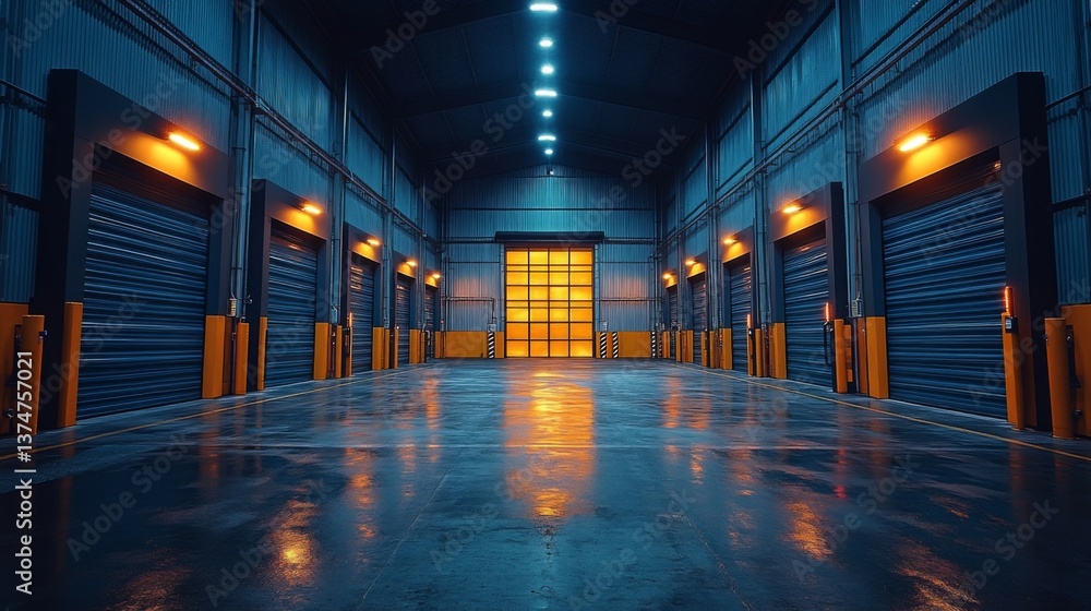 Poster a large warehouse space with several storage bays is brightly illuminated by overhead lights highlig