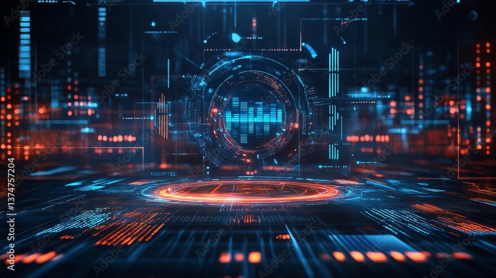 Poster futuristic technology interface with glowing circles and blue equalizer display in dark background