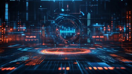 Futuristic technology interface with glowing circles and blue equalizer display in dark background