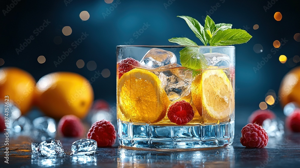 Aufkleber a glass of lemonade with raspberries on a table, surrounded by ice cubes and illuminated by backgrou
