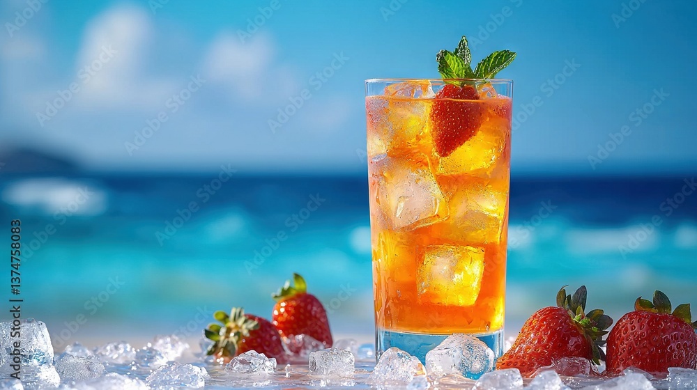 Poster a close-up of a drink with ice and strawberries on a table against an ocean and sky backdrop