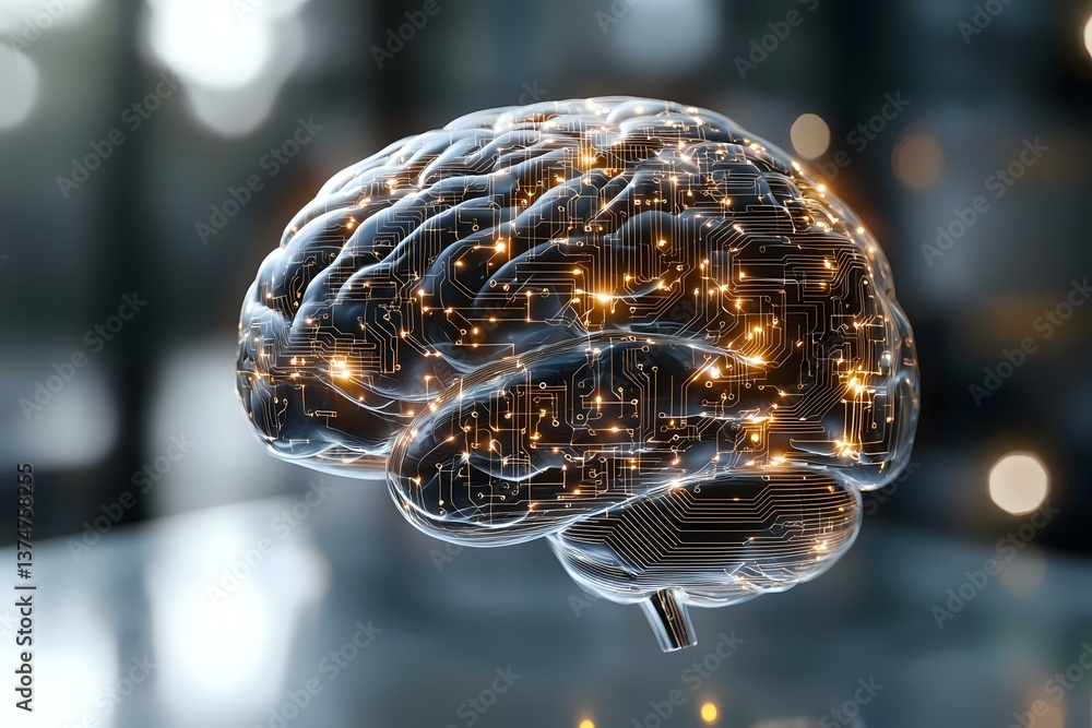 Poster glowing digital brain with circuit patterns and neural connections on blurred background showcases a