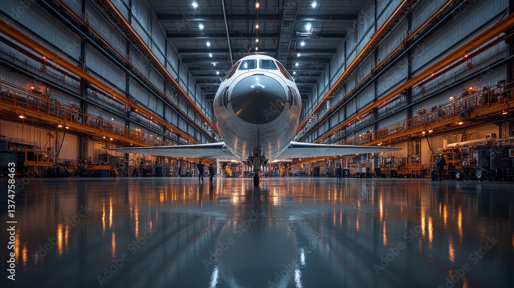 Poster large spacecraft is positioned in a spacious hangar, showcasing advanced propulsion systems. technic
