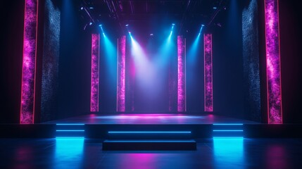 Illuminated stage with neon lights and columns casting blue and pink hues on the platform area