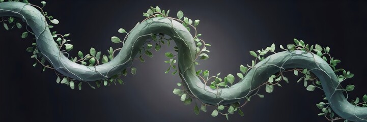 3D-rendered vine transforming into a spiral path with subtle light reflections on a dark gradient background – Suitable for digital innovation, sustainable business branding, and futuristic concepts.