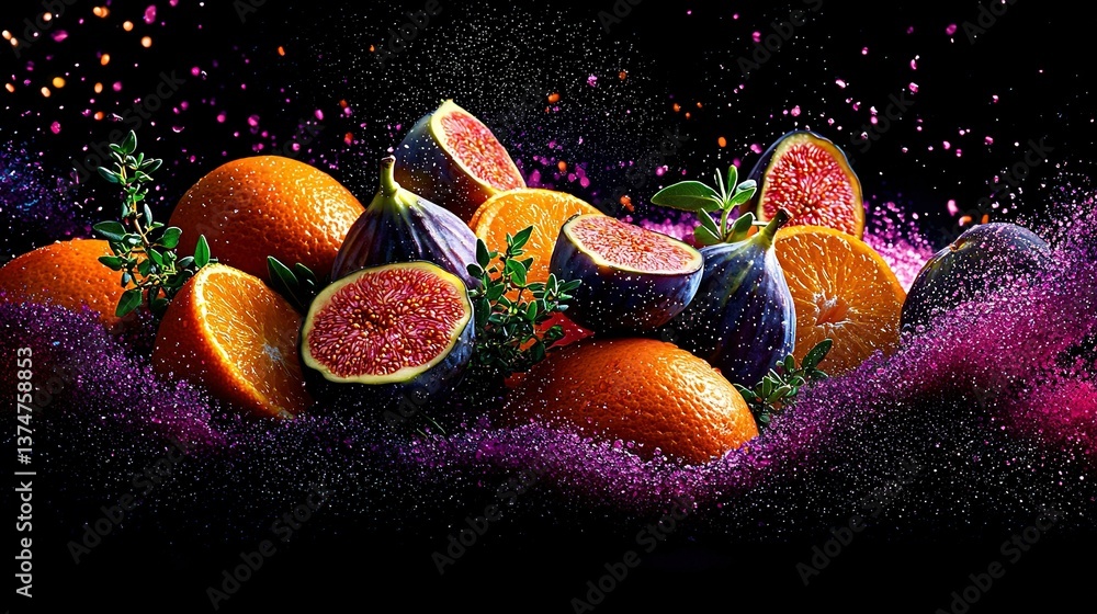 Poster a group of oranges and figurines with sprinkles on a black background with a splash of color