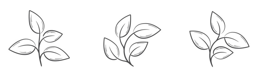 Curved plants with leaves line illustrations. Spring, planting and nature design elements. Isolated vector images