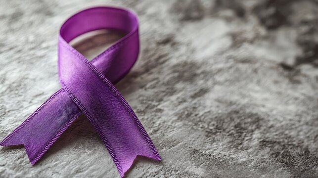 Purple ribbon rests on mottled grey surface in support, close-up view