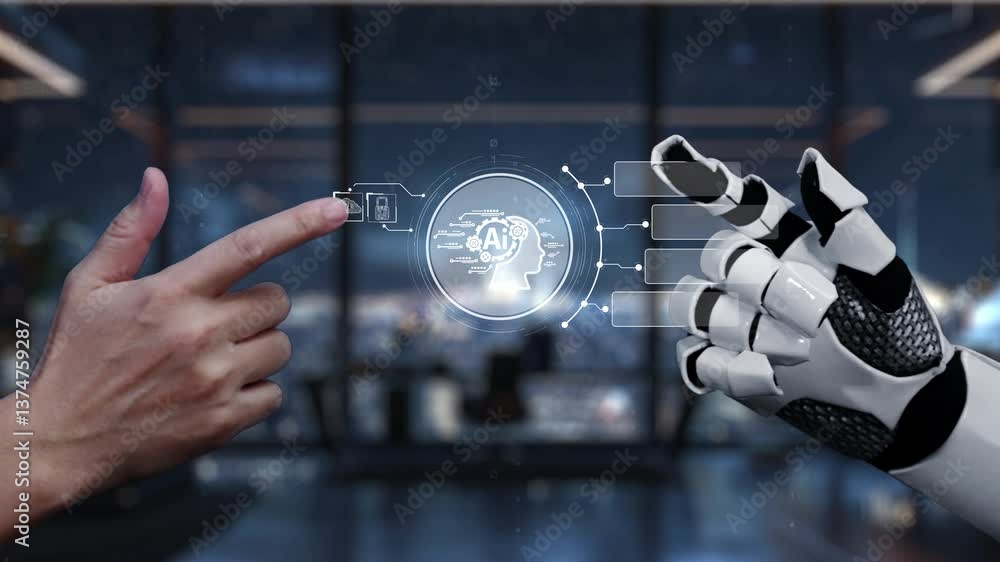 Poster a human hand interacts with a robotic hand showcasing a digital interface. the display highlights ge