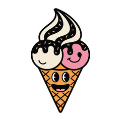 Cute Cartoon Ice Cream Cone, Happy Ice Cream with Smiling Faces, Fun Kids Illustration