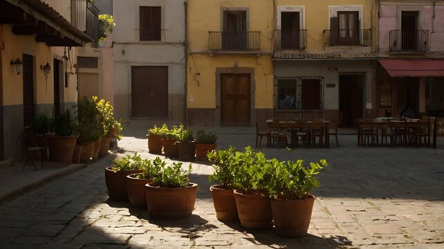 Un patio empedrado con macetas de terracota y plantas verdes, rodeado de edificios antiguos con balcones. La luz del sol ilumina la escena, creando un ambiente tranquilo y pintoresco.