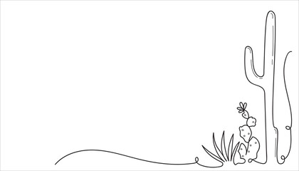 Corner element with different cactus plants drawn in one line. Sketch. Continuous line drawing on mexican themes. Hand drawn vector illustration in minimalist art.
