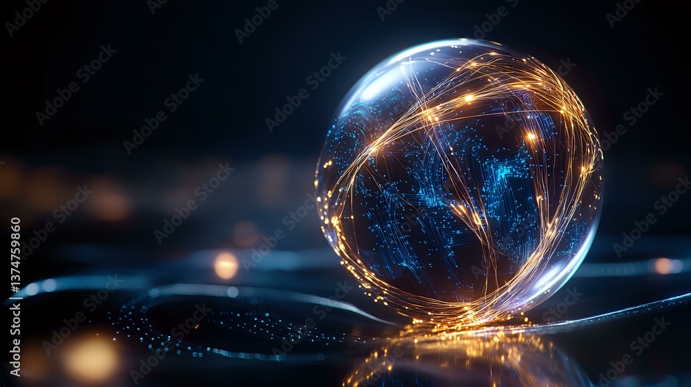 Poster glowing sphere with luminous golden light trails and blue energy waves floating in dark space, creat