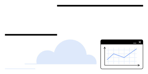 Cloud silhouette with a web interface displaying an upward trend line chart. Ideal for cloud computing, analytics, technology, data management, visualization, innovation, progress. Flat simple