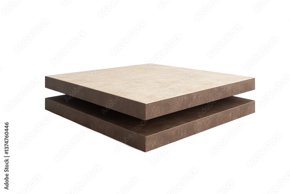 Poster two flat rectangular platforms stacked with a small gap on a black background in a studio shot