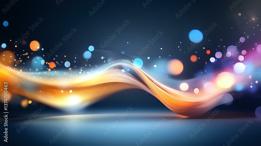 Poster glowing wave with orange and blue light effects on dark background, floating particles and bokeh cir