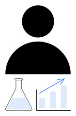 Black silhouette of a person above a lab flask with liquid and a chart with an upward arrow. Ideal for science, education, research, innovation, growth, progress, goal-achievement. Flat simple