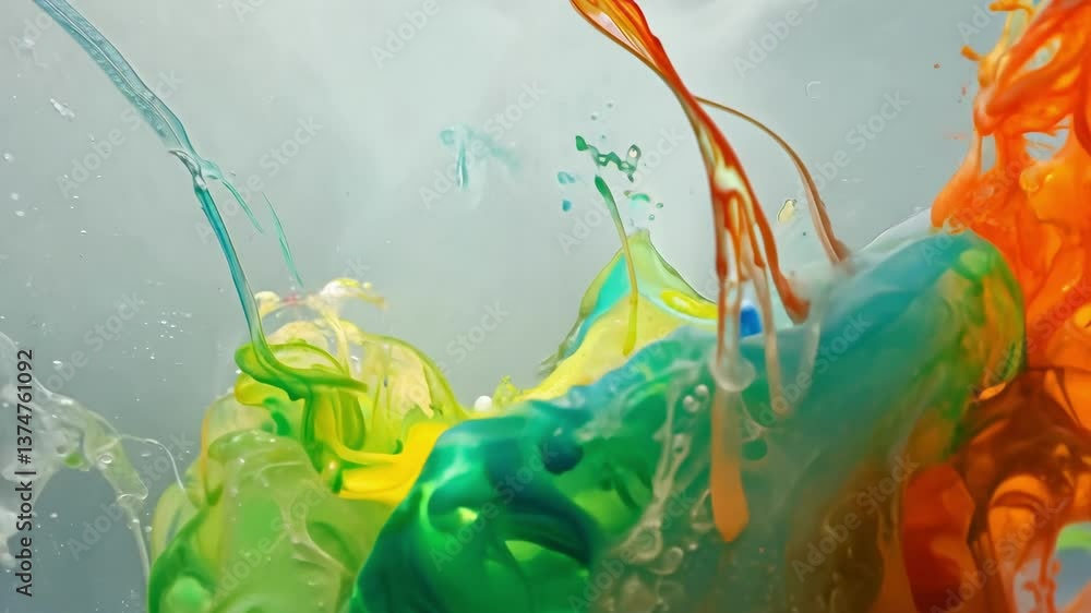 Poster bright colors collide and ripple in water, creating stunning visuals as they swirl and dance togethe