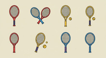 Tennis Rackets Collection in Various Colors for Sport and Recreation Visuals