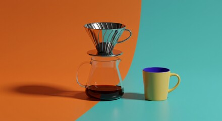 Still life of coffee brewing with metal pour over and yellow mug on split orange and blue background