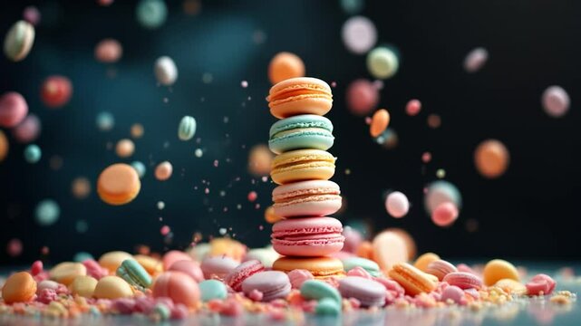 A stack of macarons with additional macarons floating around it, creating a whimsical and dreamy effect. The pastel colors and delicate composition make this image perfect for confectionery 