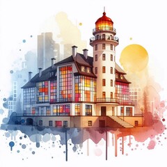 Lighthouse and stormy sea. Watercolor style. AI generated illustration